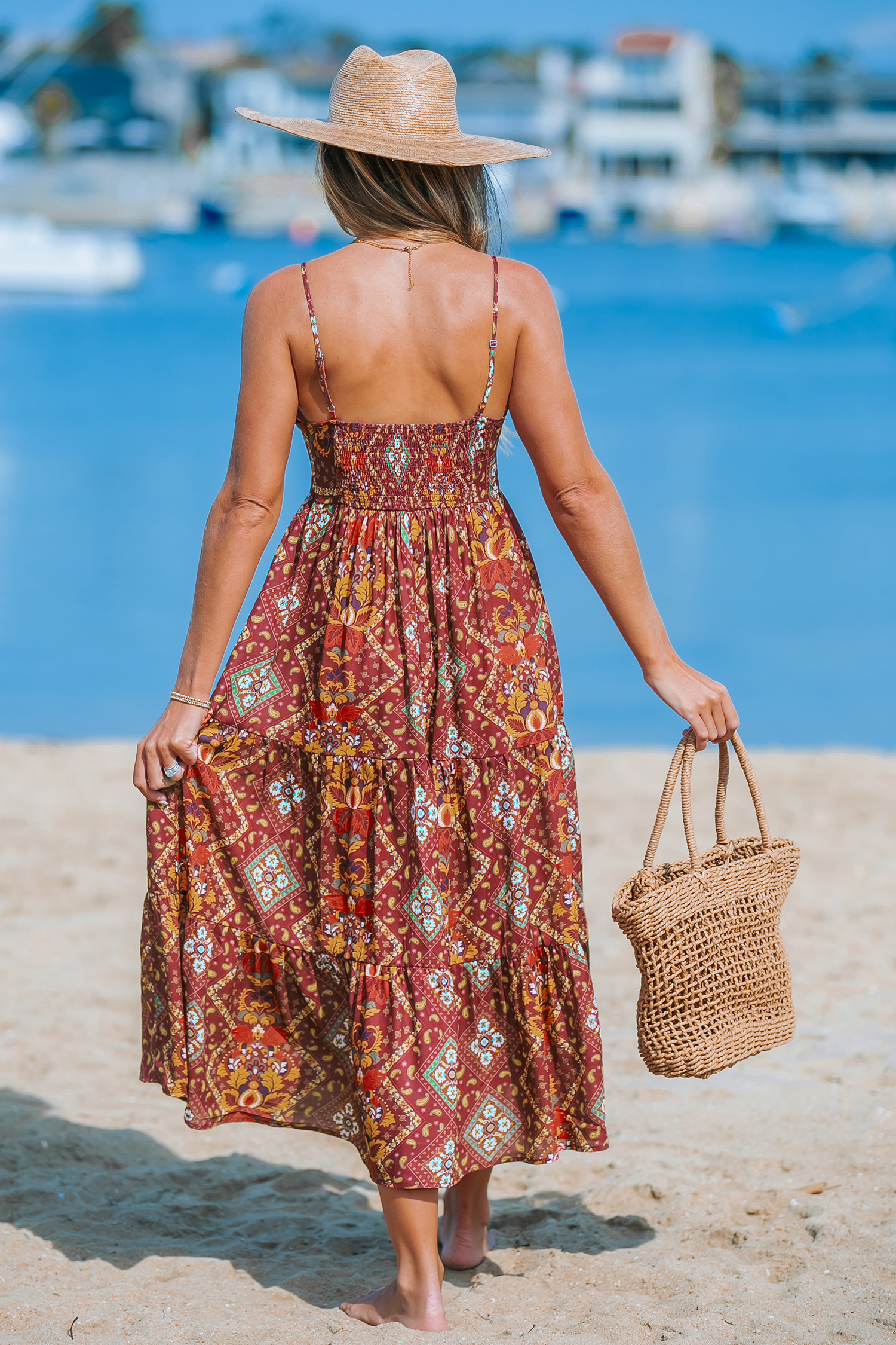Robe maxi sans manches boho orange et brique