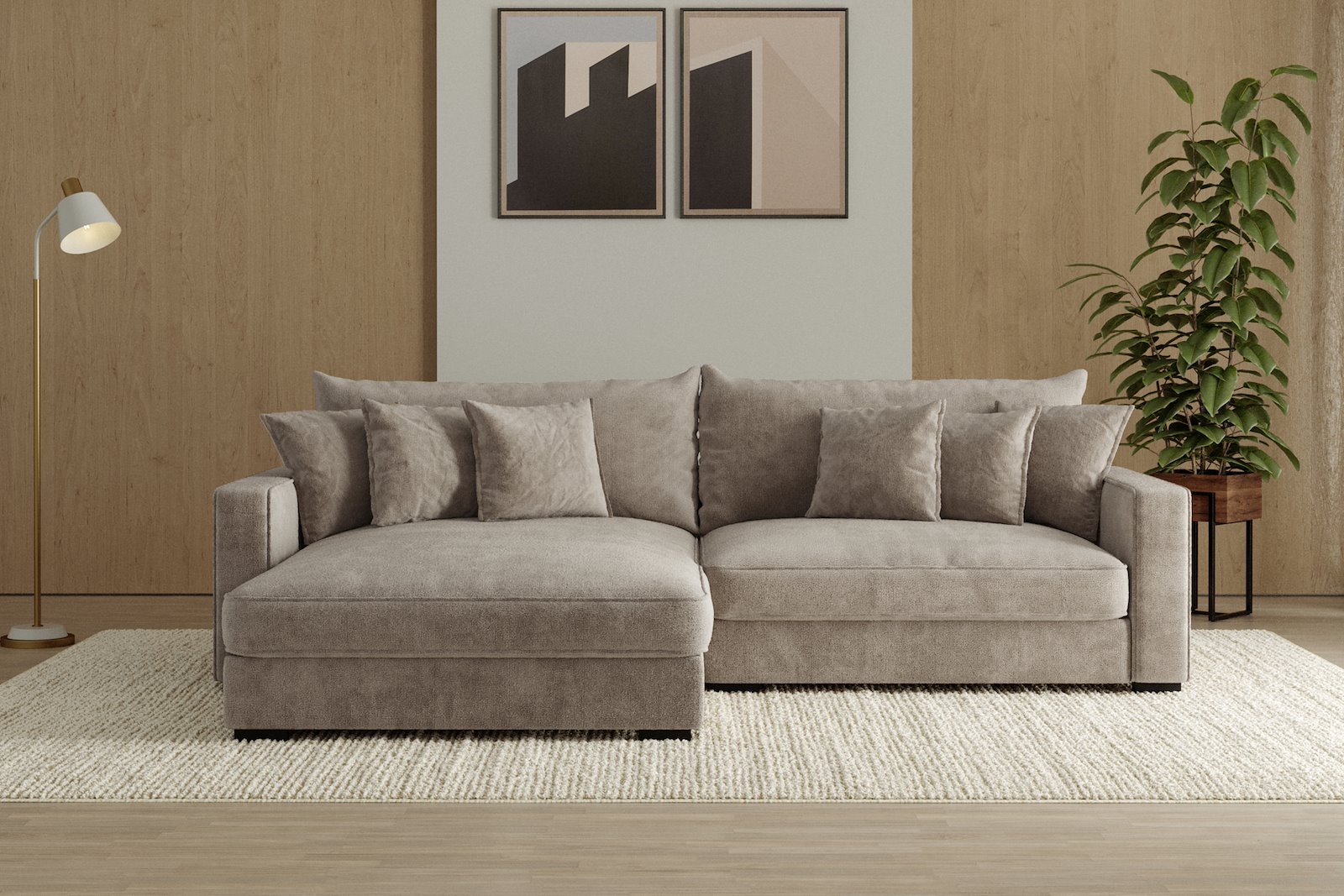 Rossi Lux 2-seter med XL sjeselong venstre Tekstil Genesis 4 Beige, arm B med sorte ben. Lux Komfort.
