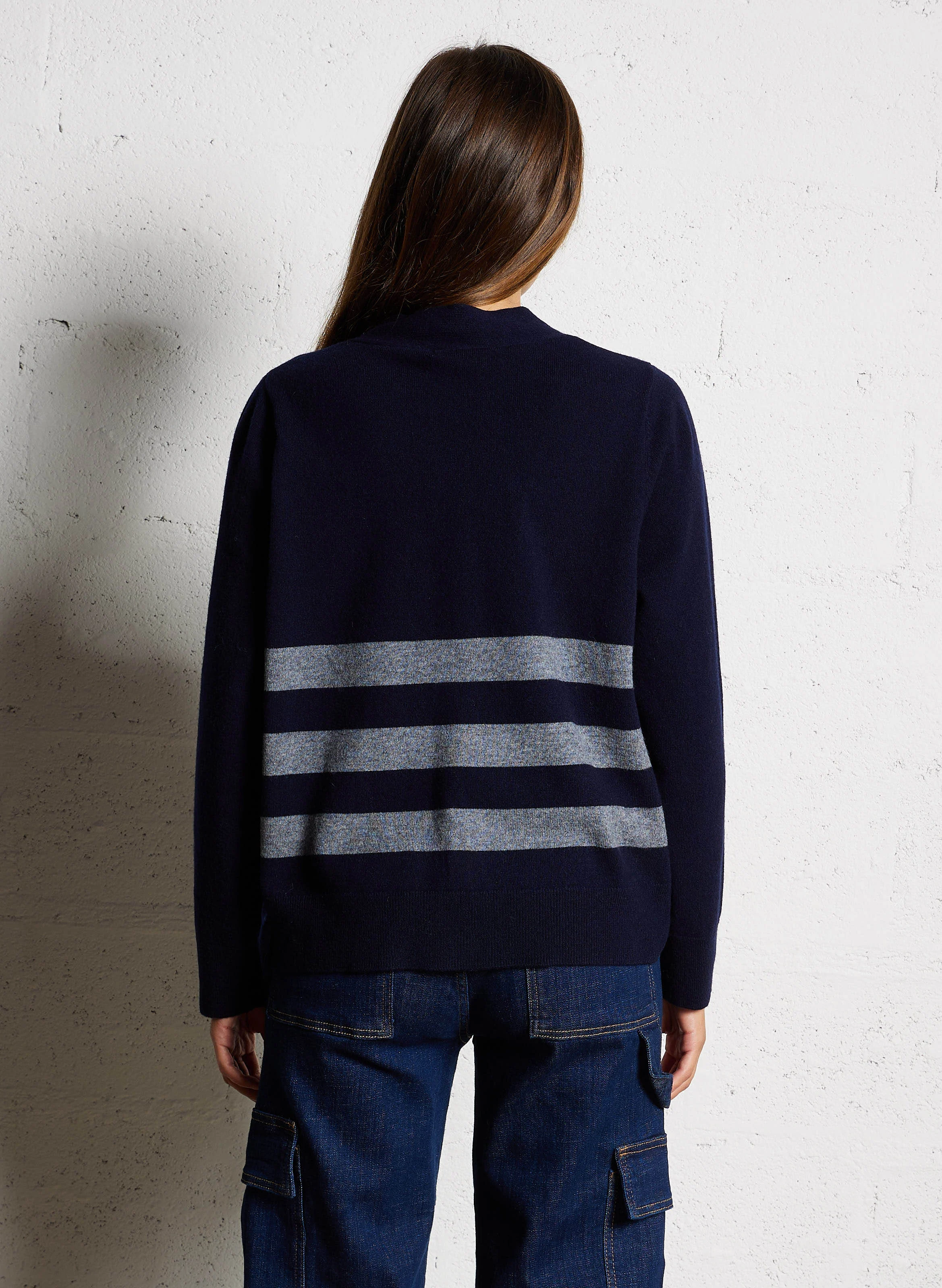LILOU - Gilet col V ample en laine à rayures | Bleu