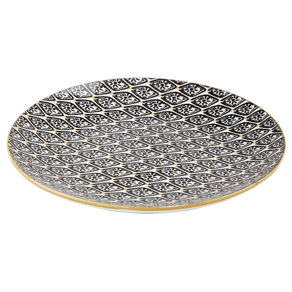 Assiette à dessert ronde Praia motif ethnique noir blanc jaune