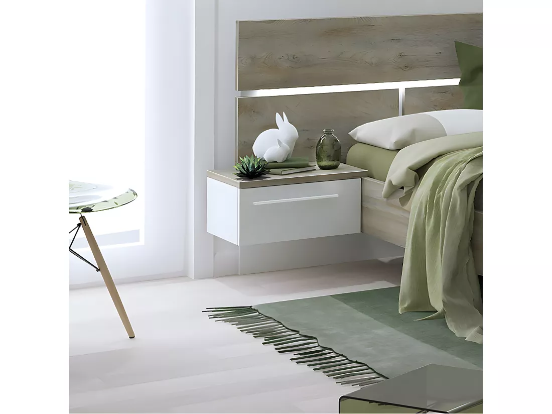 NINO LIGHT - Lit 140x190cm avec Leds et Chevets Suspendus + Commode