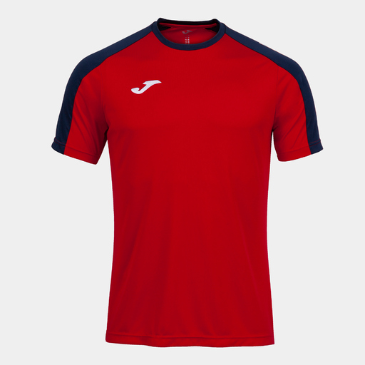 Camiseta Joma Eco Championship de manga curta, azul marinho e vermelha.
