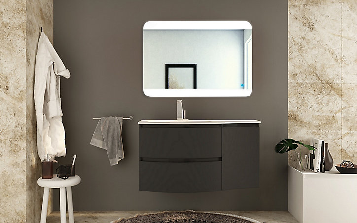 Meuble sous vasque à suspendre Vague graphite 104 cm + complément droit + plan vasque en verre