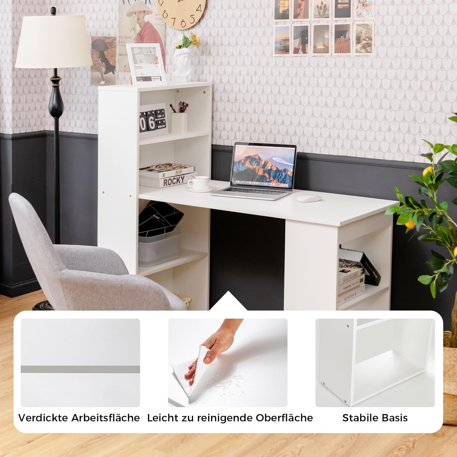 COSTWAY Schreibtisch mit Bücherregal, Computertisch mit 6 Regalen, PC-Tisch mit Regal rechts oder Links, Bürotisch, Arbeitstisch für Zuhause, Büro und Wohnheim, 122 x 56 x 122 cm, Weiß