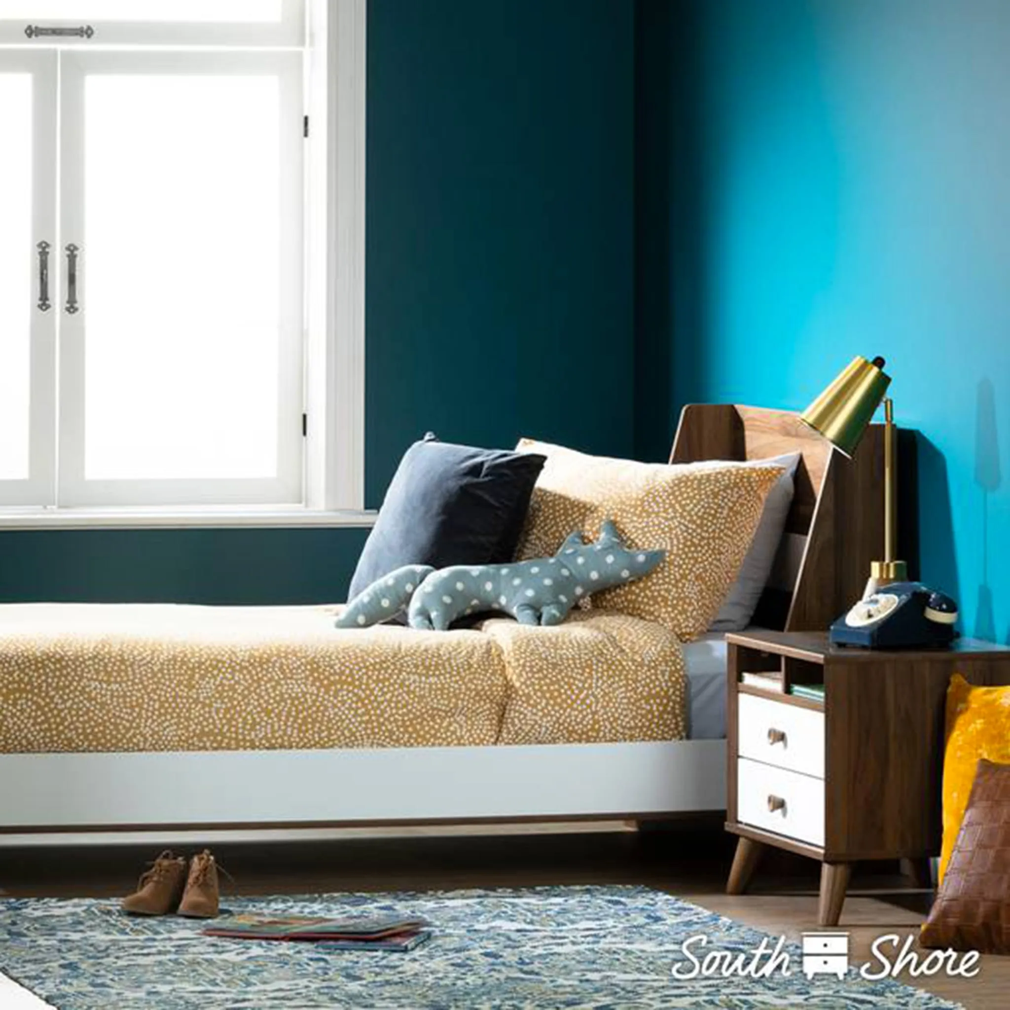 South Shore Table de Nuit Yodi - Noyer Naturel  Blanc