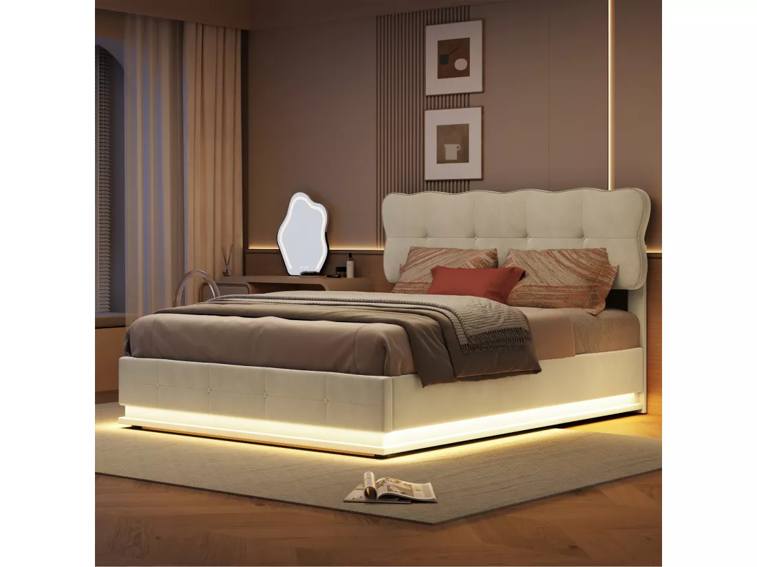 Lit coffre 160x200cm avec rangements, tissu velours, cadre de lit avec tête de lit, éclairage LED, sommier à lattes, lit hydraulique multifonction, lit adulte style moderne, Beige
