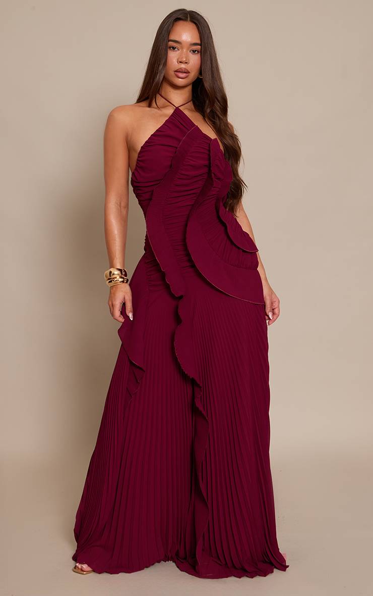 Rouge Bordeaux Robe Longue Plissée À Volants Et Col Licou