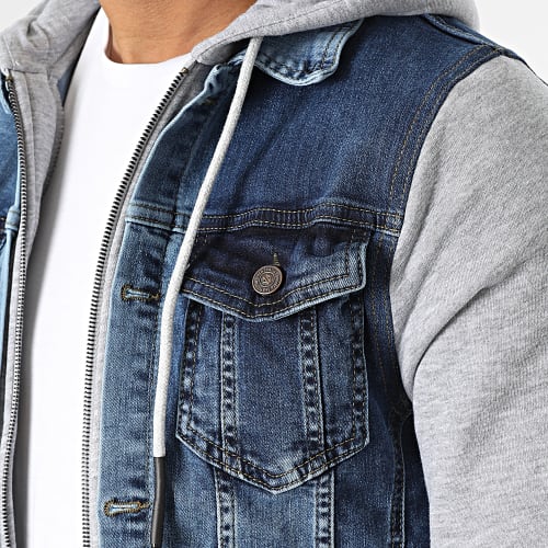 Veste Jean Capuche Bleu Denim Gris Chiné