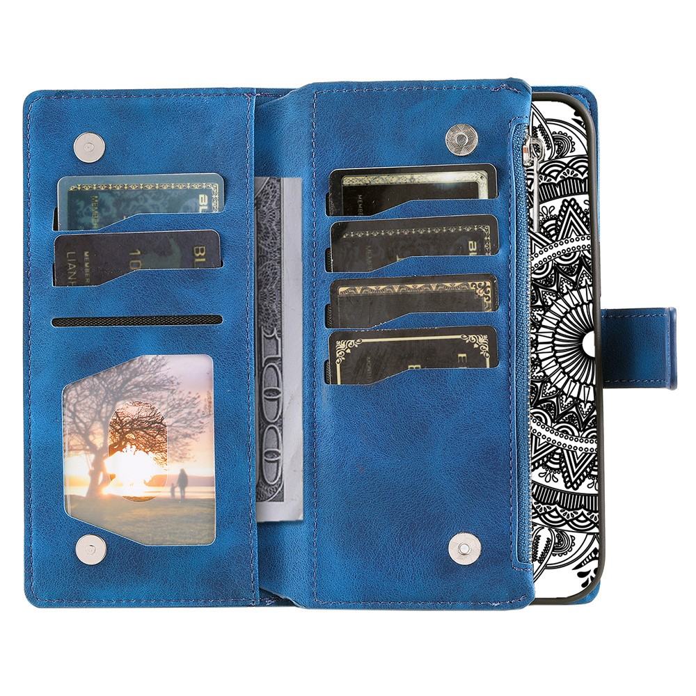 Samsung Galaxy A55 Leder Tasche Flip Cover mit Reissverschluss - Mandala Flowers Imprint - Blau