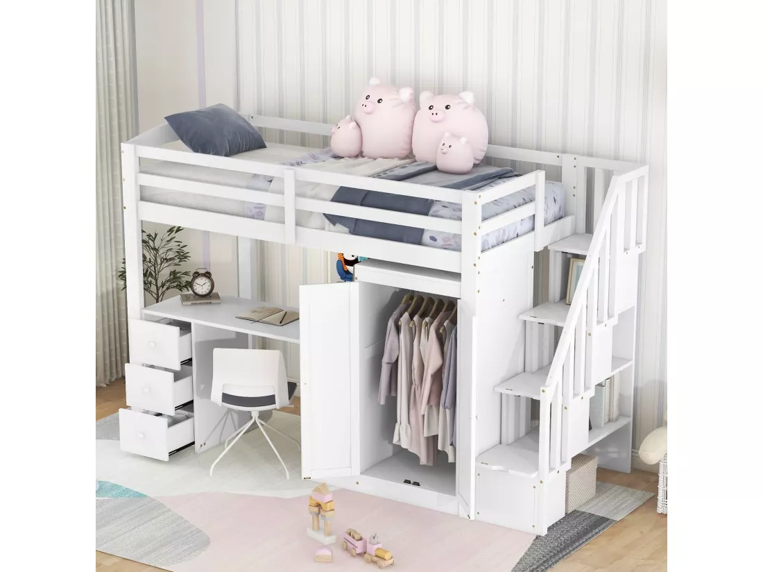 Lit mezzanine 90 x 200 avec armoire et escalier, bureau et tiroirs - Pin + MDF - Blanc
