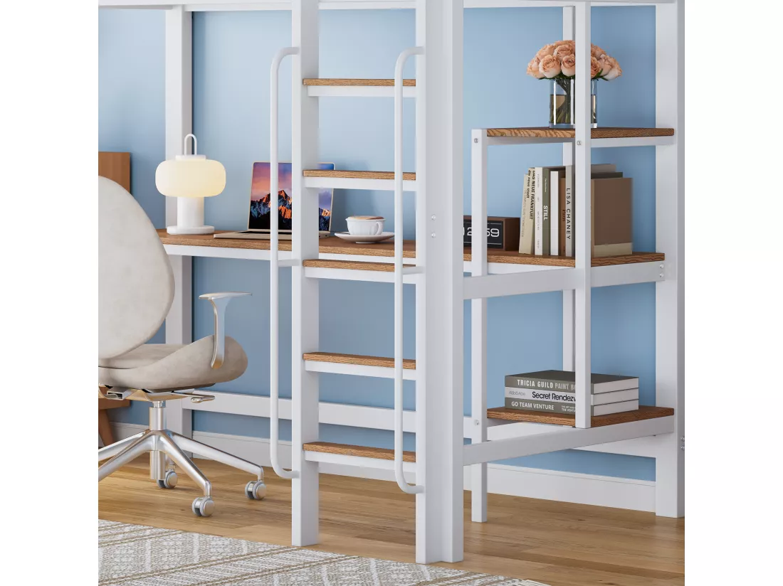 Lit mezzanine 90x200cm - avec table et étagère - avec échelle 5 marches - avec grille anti-chute - métal + MDF - blanc (sans matelas)