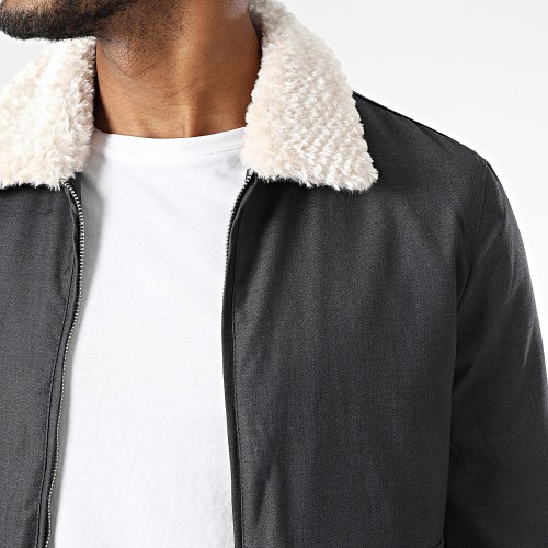Veste Zippée Col Fourrure Gris Anthracite