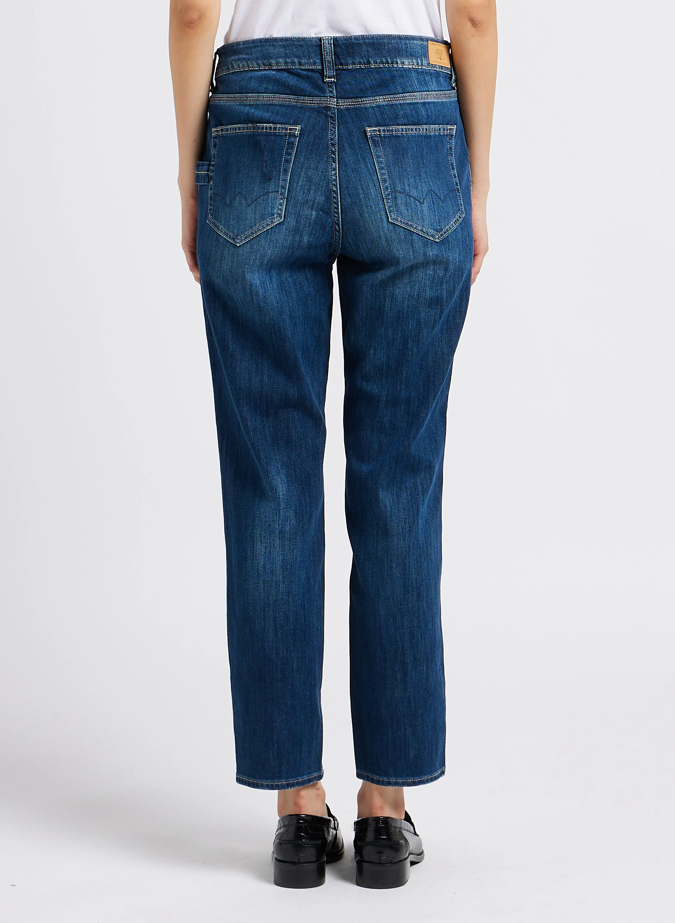 Jean girlfriend taille haute en coton mélangé | Bleu