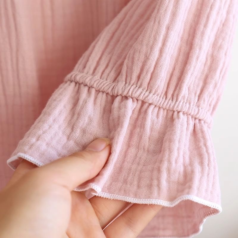 MelMount - Pyjamajurk met lange mouwen, V-hals en kanten rand