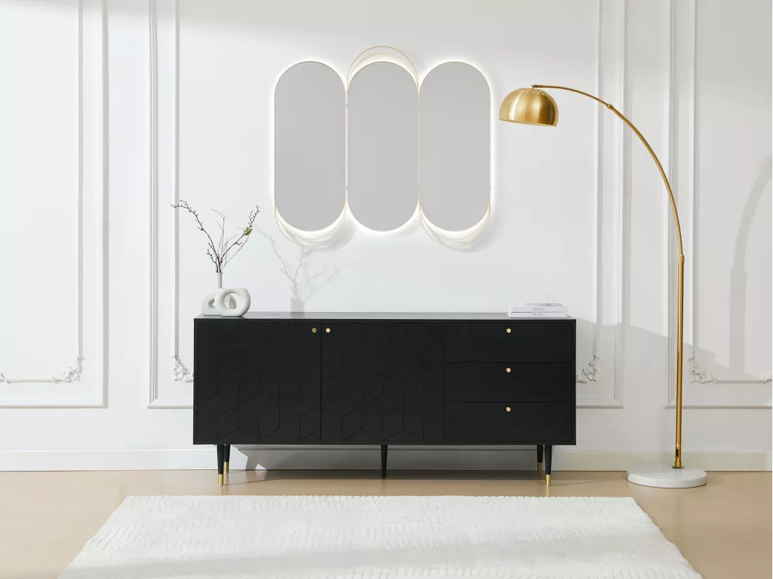 Buffet avec 2 portes et 3 tiroirs placage chêne - Noir et doré - PARIOMA