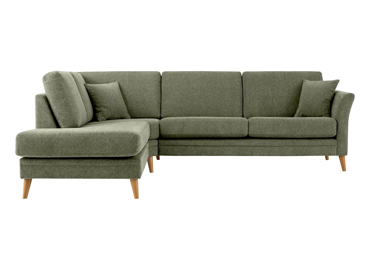 Eden hjørnesofa 2,5-seter med åpen ende venstre. Tekstil Thor 17 Green med ben i eik natur (15137).