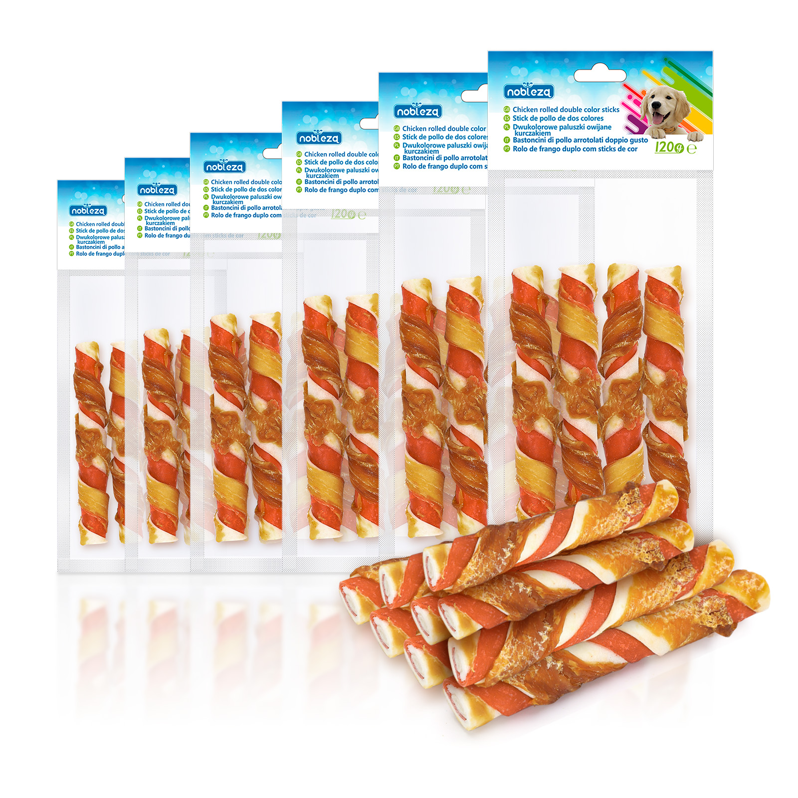 Nobleza - Petiscos para Cães - Palitos de Couro Bovino Enrolados em Frango - Petiscos Naturais para Cães - Recompensas e Prêmios para Cães - 12,5 cm de comprimento, 6 pacotes x 120 g
