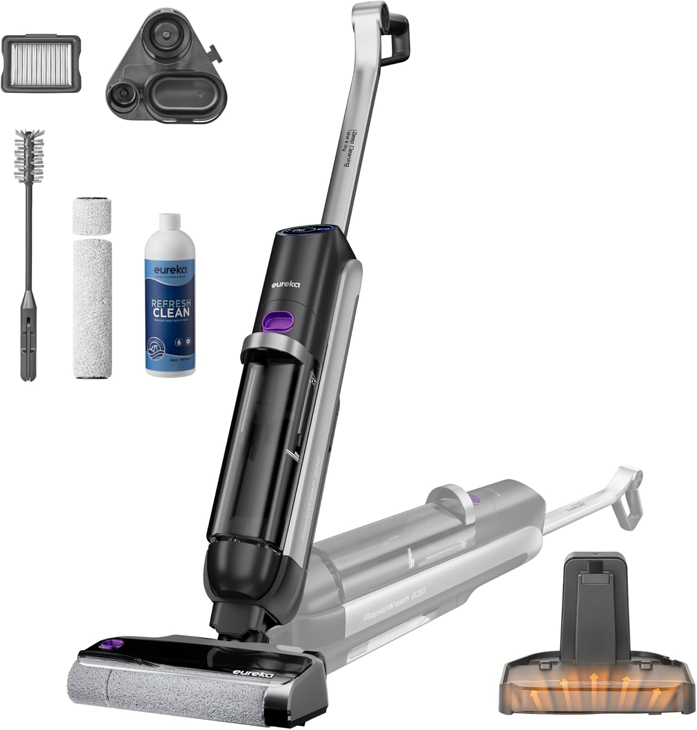 Eureka RapidWash NEW630 Nass Trockensauger Kabelloser Staubsauger mit 170° Neigung,60°C Heißlufttrocknung,21600 Pa Saugkraft,Saugwischer 38min,Selbstreinigung und Anti-Tangle für Hartböden,LED-Anzeige