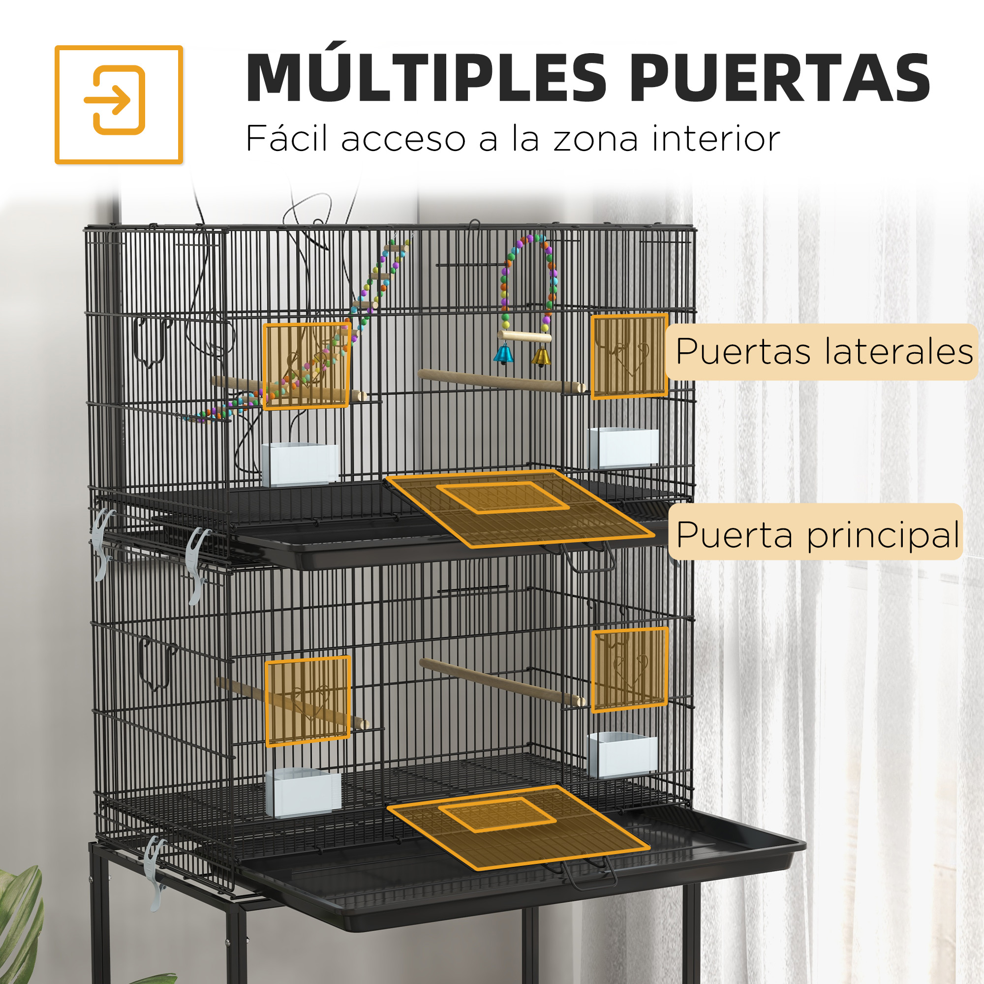 Gaiola para pássaros PawHut, 77x46x164 cm, em metal, com bandeja removível, poleiros e comedouros para periquitos, canários e outras aves - Preta