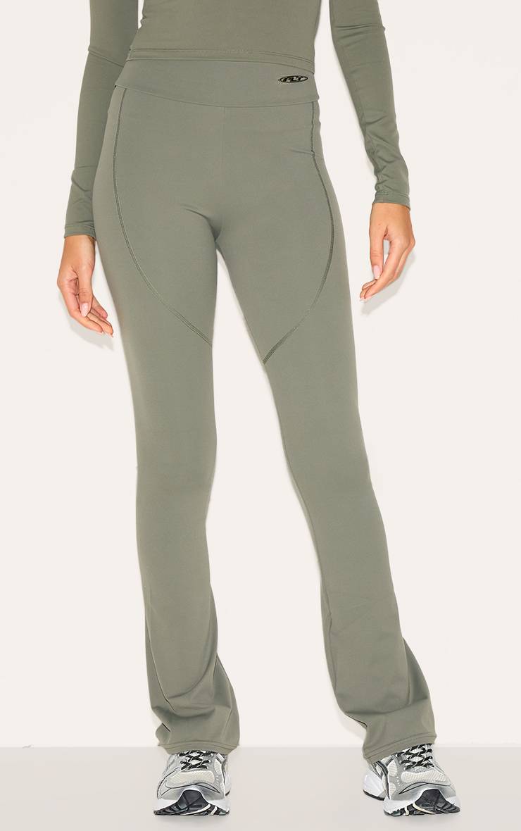 Vert Olive Pantalon Évasé Taille Haute Sculptant Avec Badge Métallique Sport
