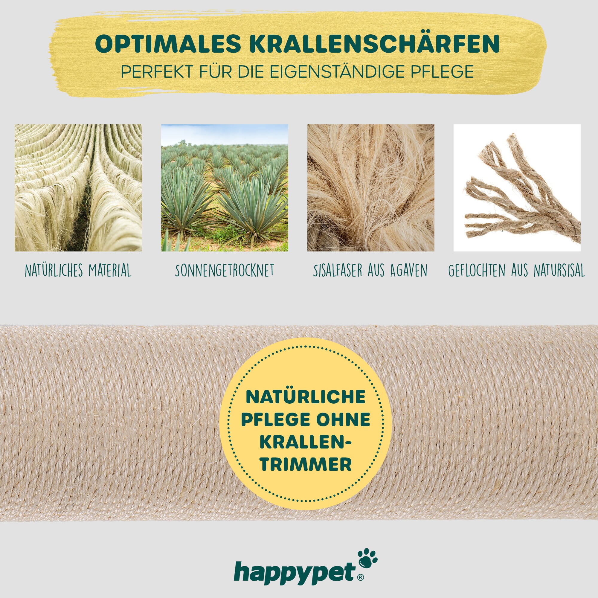 HAPPYPET Sisalseil für Kratzbaum - Universal DIY Sisalschnur Hanfseil Meterware, Zubehör Ersatzteile Kratzbäume Kratzseil, Krallenpflege für Katzen, Gratis Spielmaus | NATUR Ø 6 mm, 20 Meter