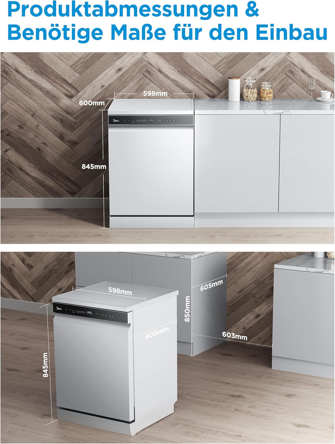 Midea SF 7.60NW14B Geschirrspüler 60cm Freistehend & Unterbaufähig, 14 Maßgedecke, 8 Programme, Spülmaschine 60 cm mit WIFI, 42 db, Hygienepflege+, Dualzone Wash, Extra Trocknen