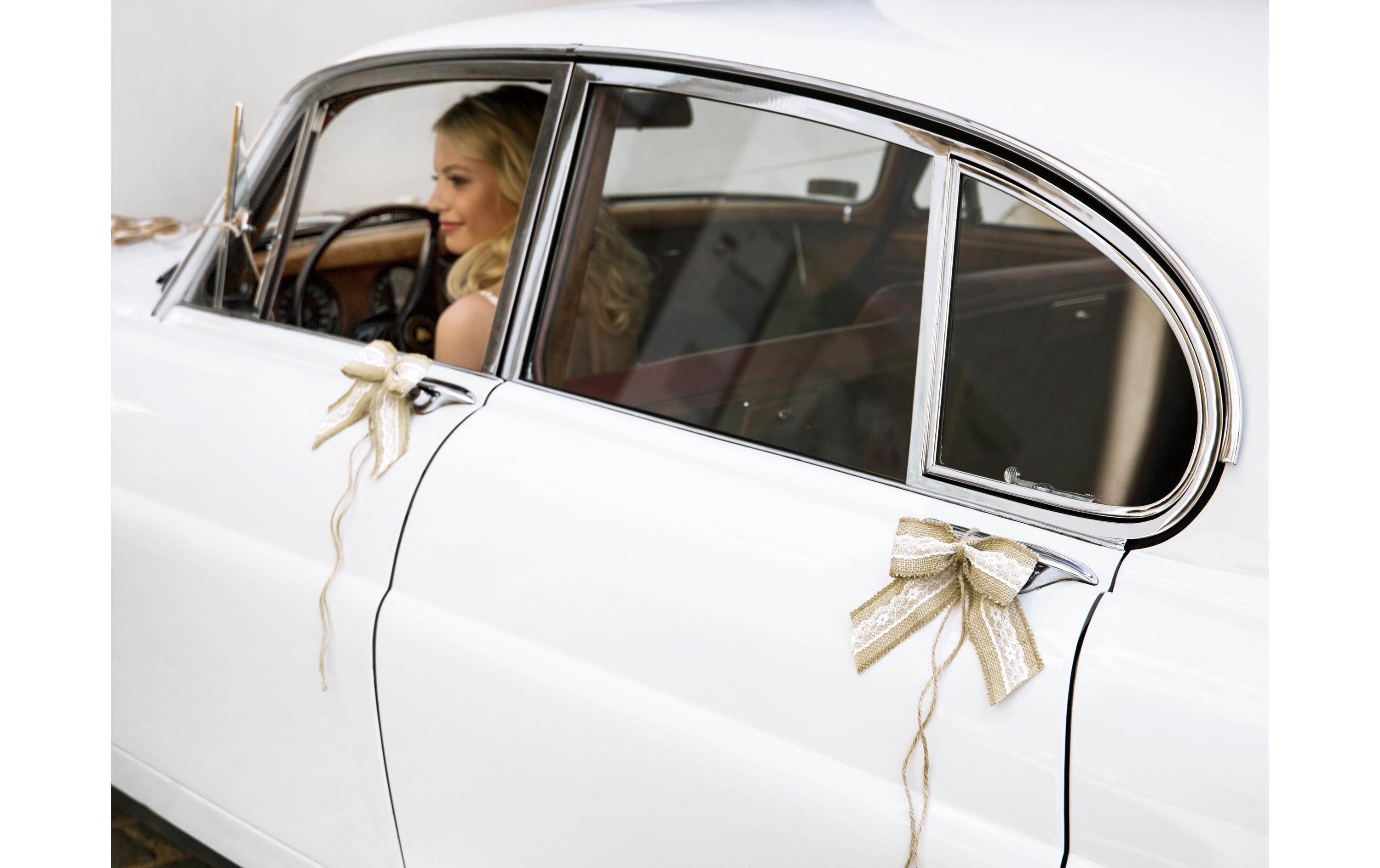 Hochzeitsaccessoire Autodeko Set 5-teilig, Braun/WeissAutoschmuck für die Hochzeit