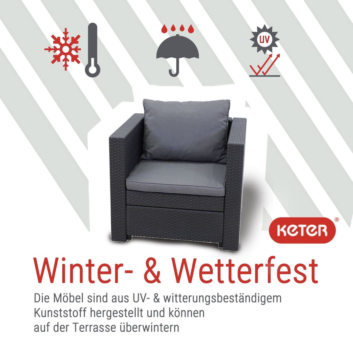Keter Provence fauteuil inclusief kussen, grijs, weerbestendig, tuin, buiten