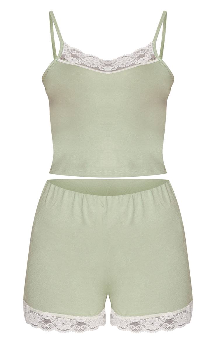 Vert Sauge Ensemble Pyjama Court Avec Bordure En Dentelle Vert