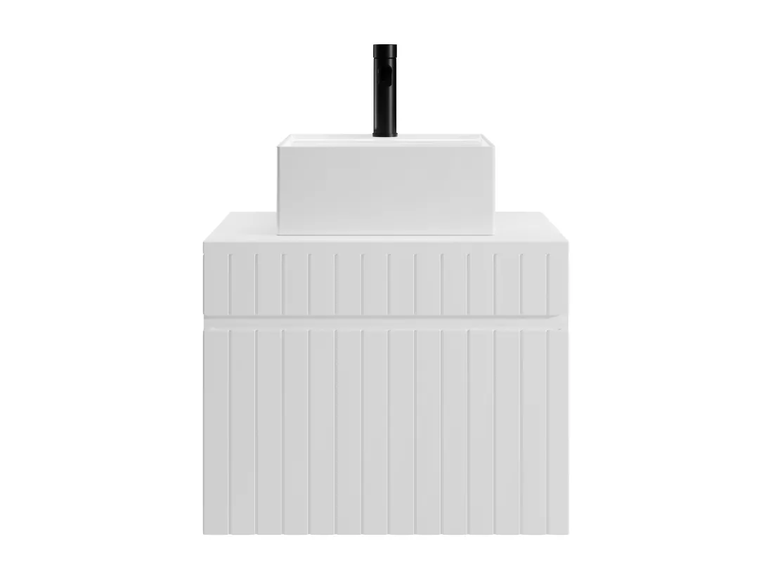 Meuble de salle de bain suspendu strié blanc avec vasque carrée à poser - 60 cm - SATARA