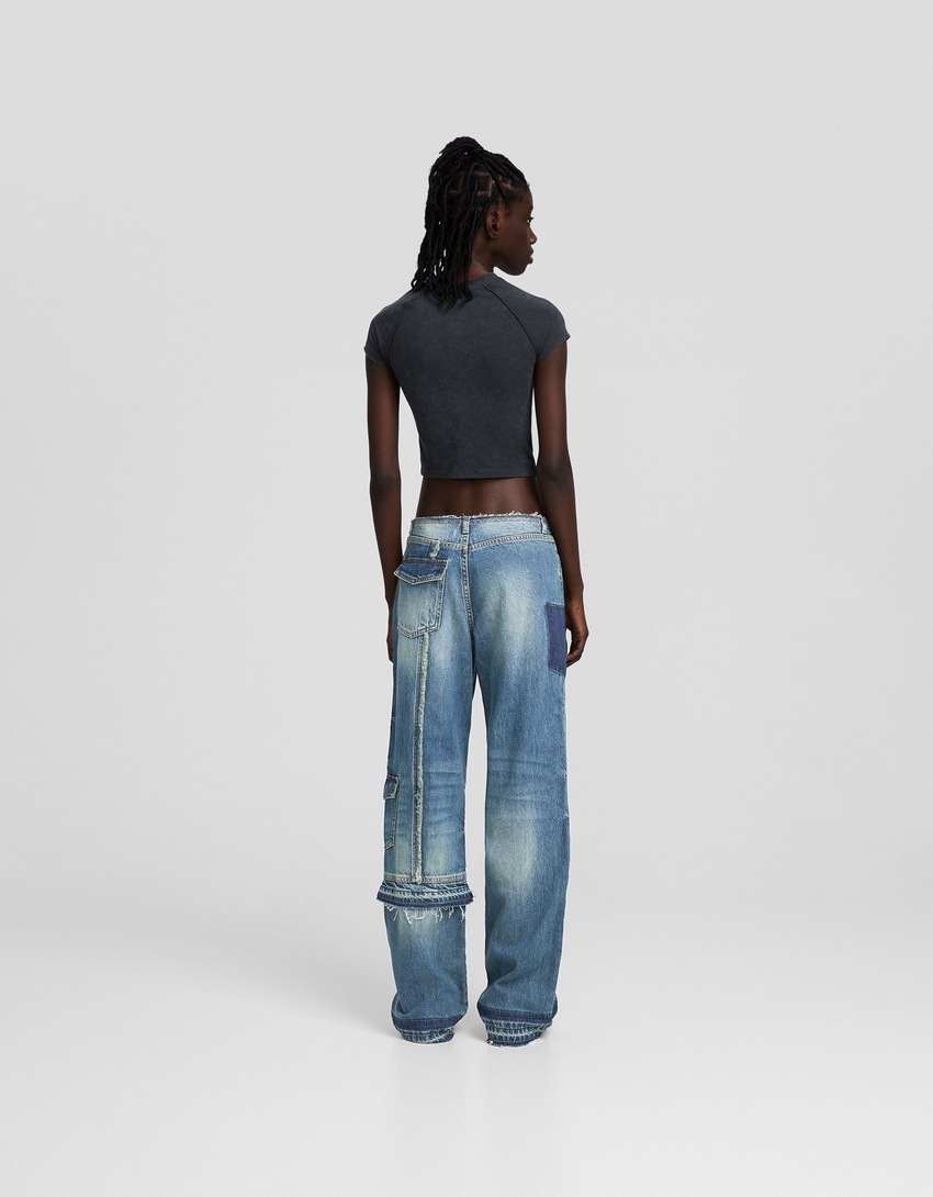 calças jeans com patch de denim dos anos 90