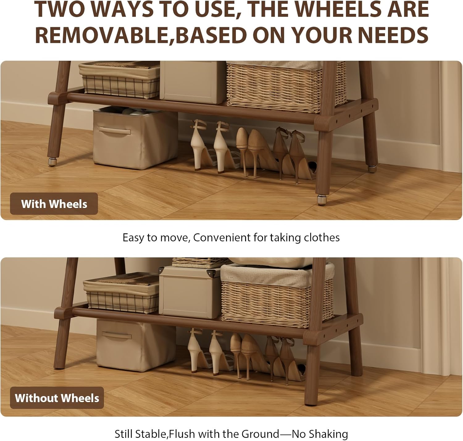AQIMUELE Kleiderständer, Mobiler Garderobenständer aus Massivholz, Garderobe, Kleiderablage, mit Stange, Regal und 4 Haken, Einfache Montage, für Schlafzimmer und Garderobe (Walnuss - mit Rollen)