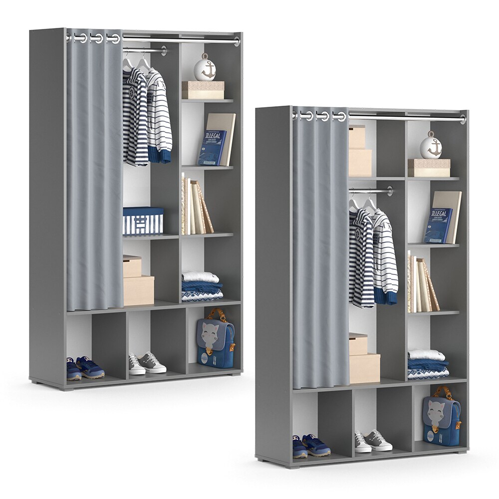 Vicco Kinderkleiderschrank Kinderzimmerschrank Kindergarderobe Luigi Grau 106 x 178 cm modern Schrankregal Jugendzimmerschrank Organizer Vorhang Kleiderstange Fächer Aufbewahrung Spielzeugablage