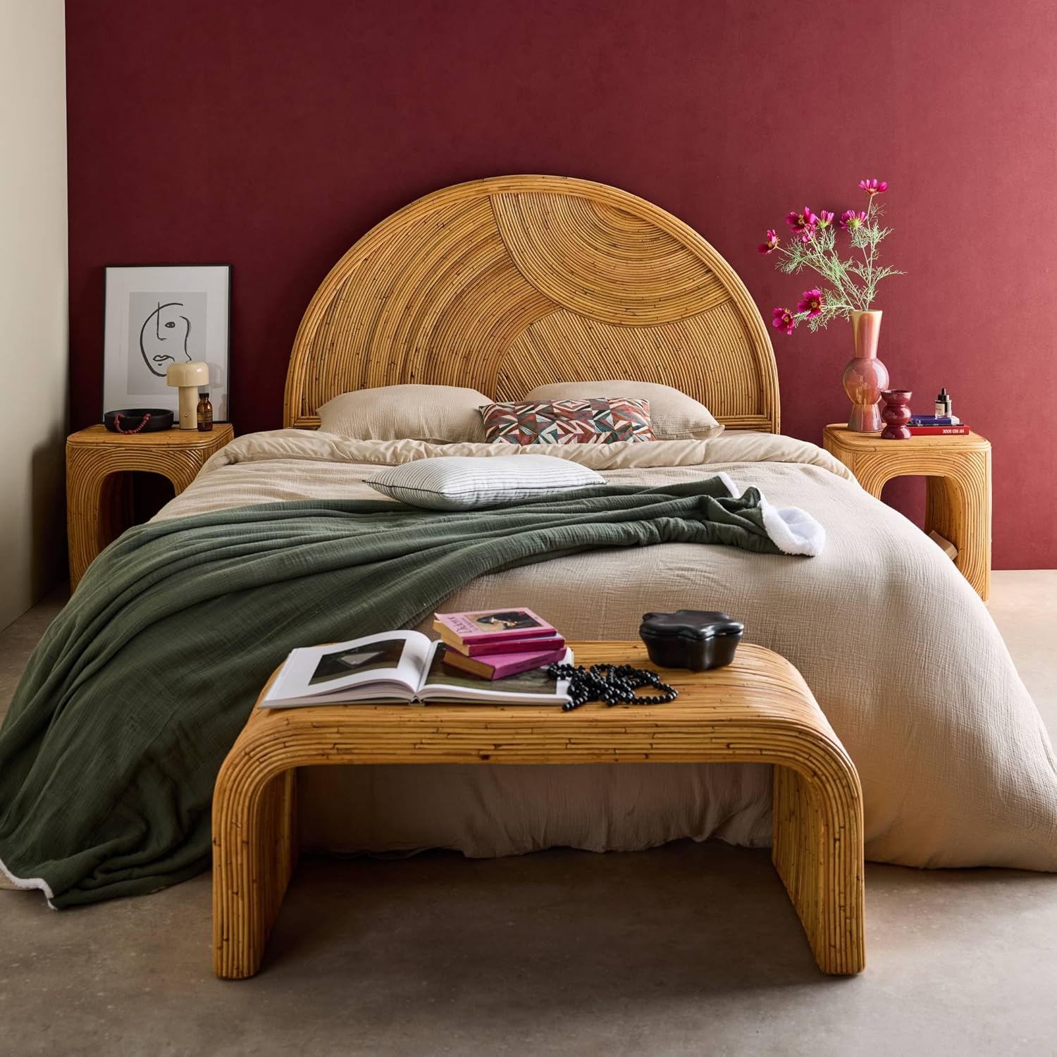 sweeek - Kopfteil aus natürlichem Rattan, hellem Holz, Bohème-Stil - Baya