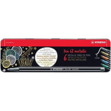 Premium-Filzstift - STABILO Pen 68 metallic - 6er Metalletui - 2x Silber, je 1x Gold, Kupfer, metallic Blau, metallic Grün