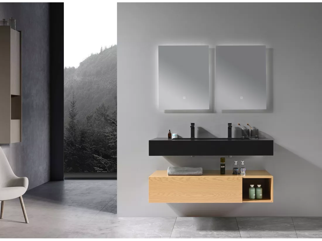 LuxuryBain- Meuble de salle de bain double vasque 120cm bois et noir avec miroir LED à luminosité variable LB-8470-120