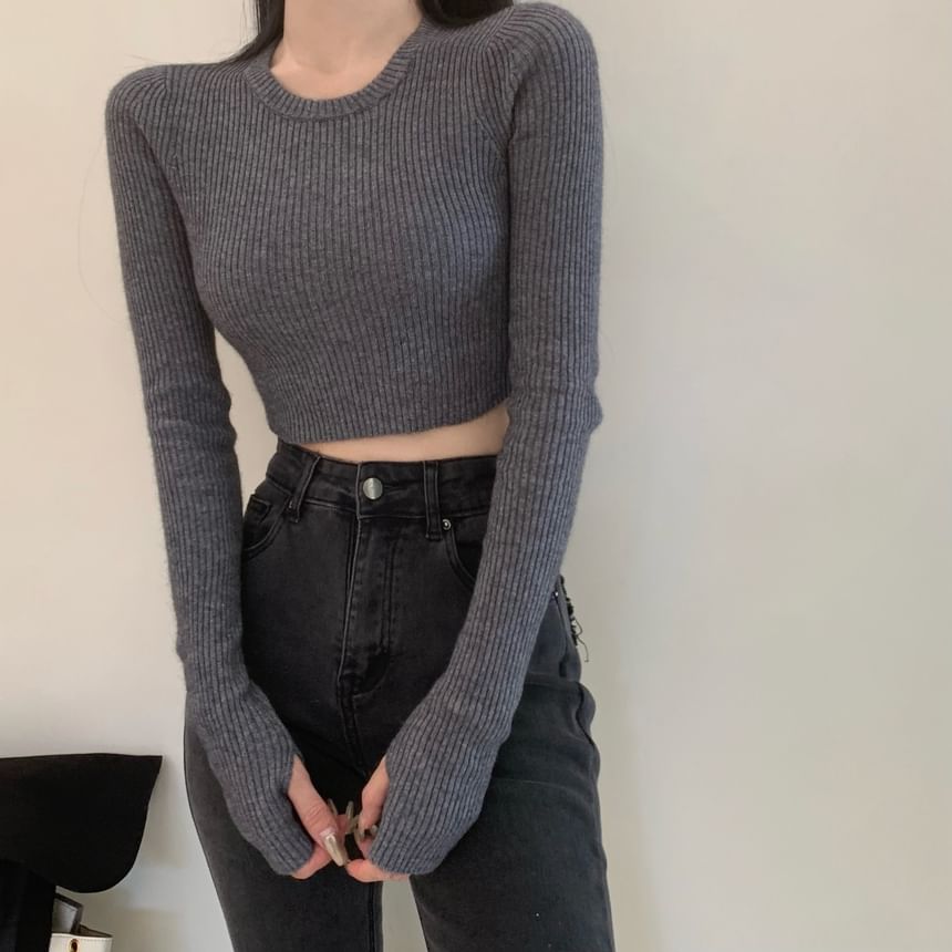 Adoree - Lange mouwen ronde hals effen geribbelde crop top