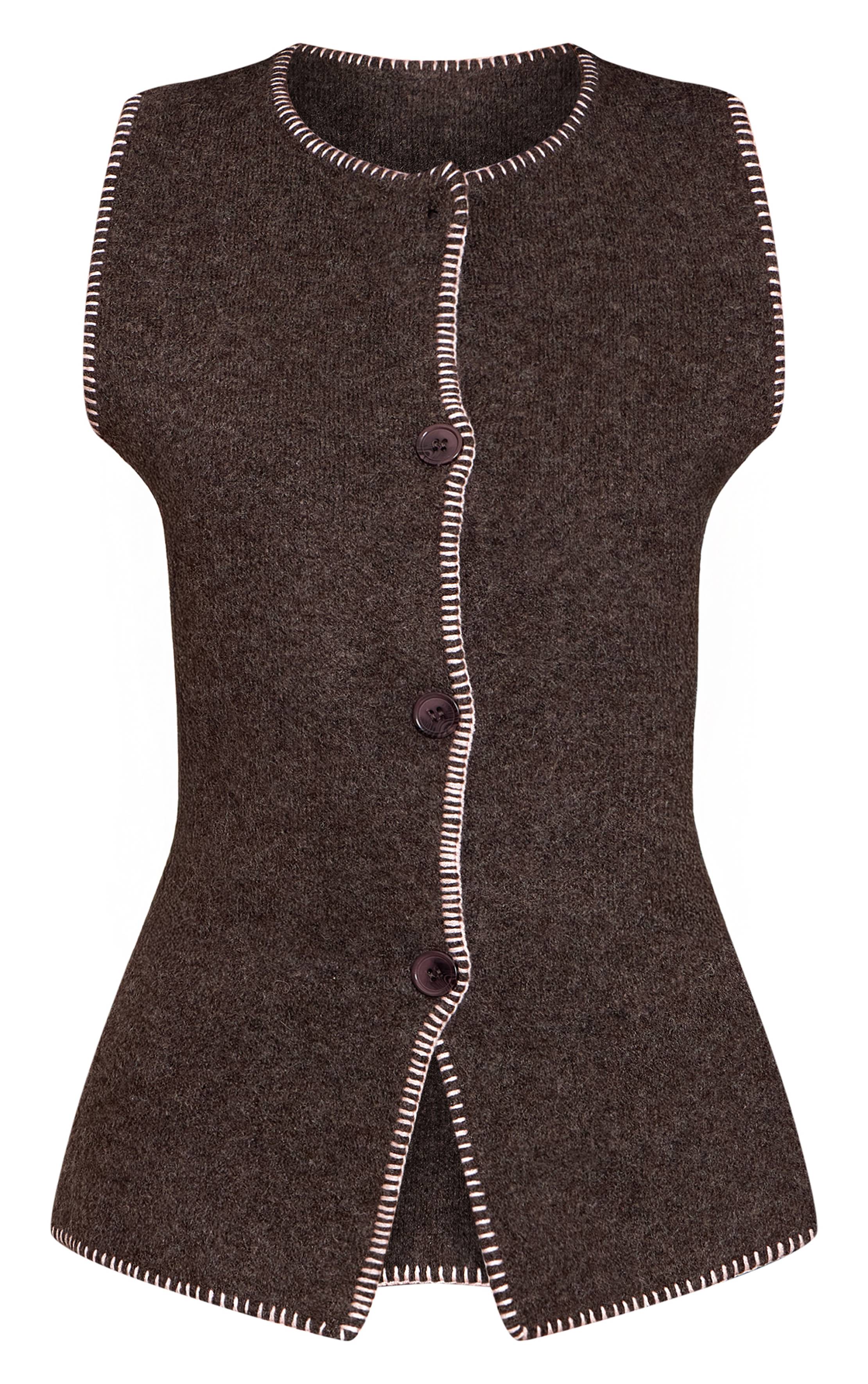 Chocolat Gilet Long En Maille De Laine Brossée Avec Point De Couverture