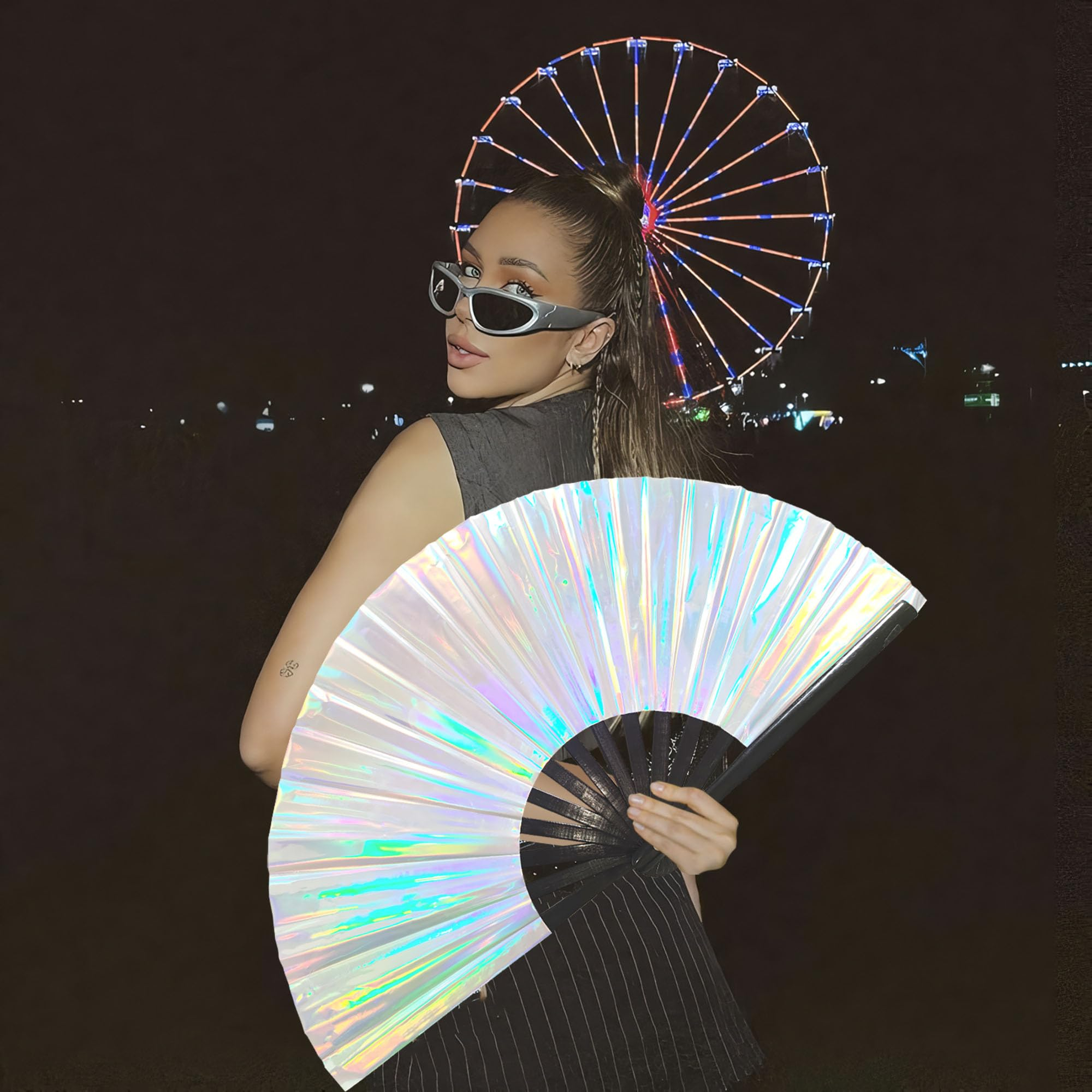 (62cm) Rainbow Fächer Fasnachts Kostüm Zubehör Motto Party Accessoire Glänzender Festival Handfächer - Irisierend