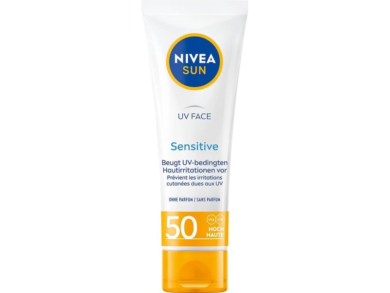 NIVEA SUN Sonnencreme UV Face Sensitive LSF 50 50 ml Feuchtigkeitsspendender Sonnenschutz für sensible Haut