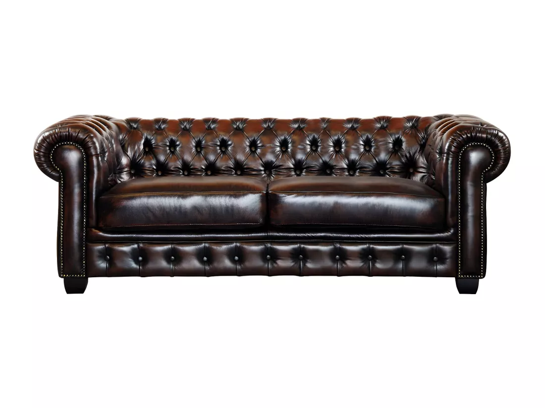Canapés chesterfield 3 places 2 places et un fauteuil BRENTON 100% cuir de buffle - Marron reflets châtains