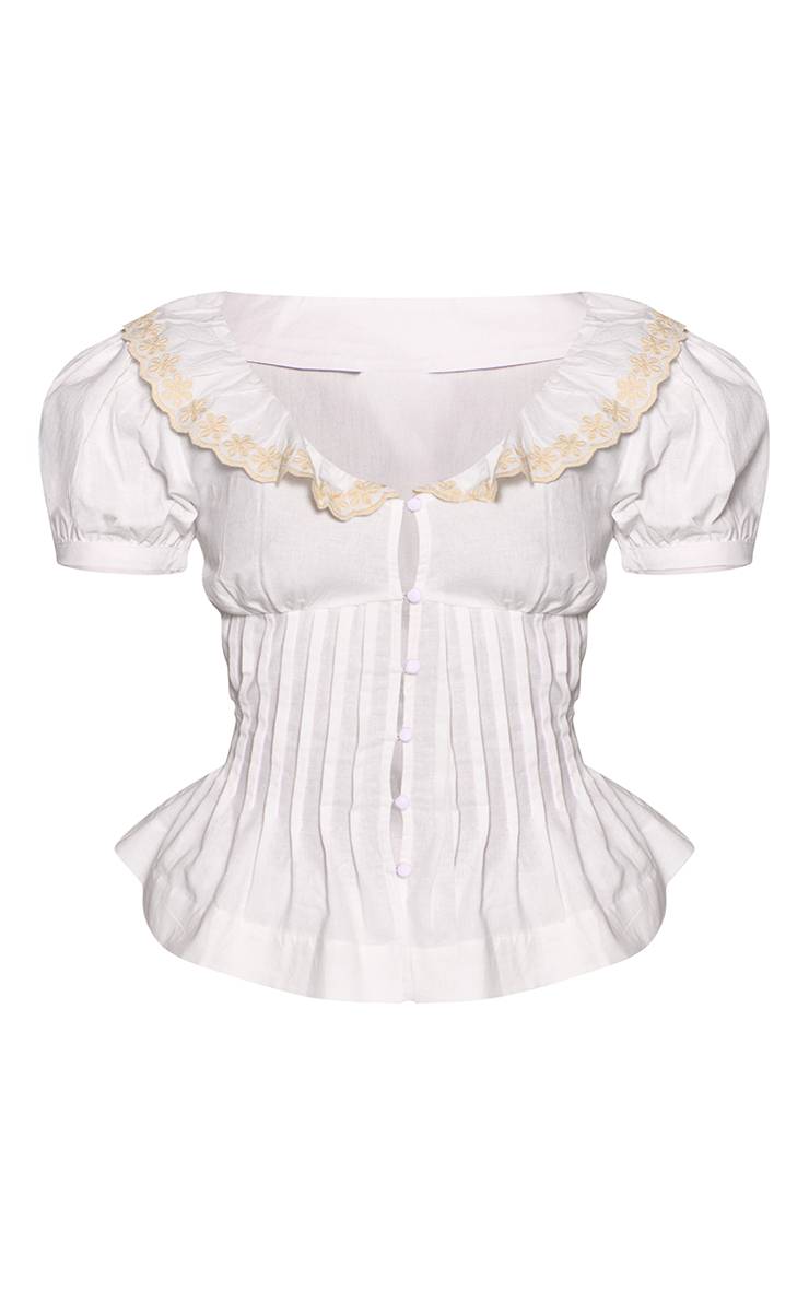 Blanc Ensemble Coordonné Petite Chemise Col Boutonnée Détails Bordures Aspect Lin