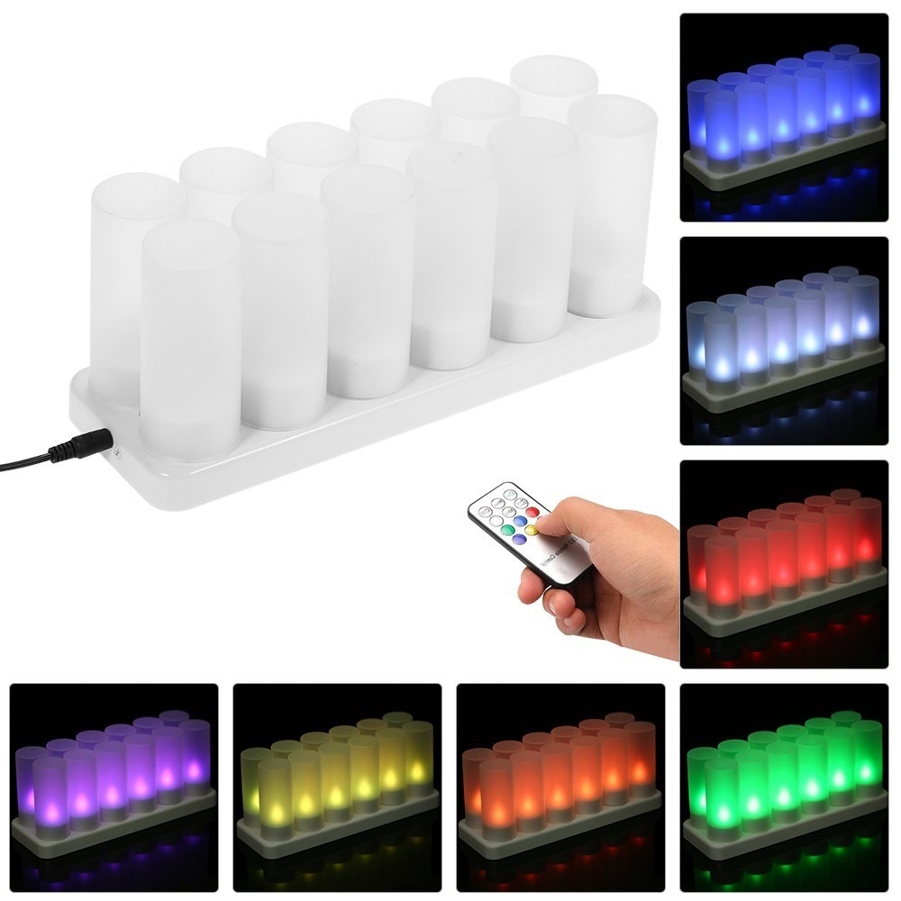 (12er Set) 2in1 Flackernde LED Teelichter Deko Kerzen Home Stimmungsleuchte inkl. Ladestation / Fernbedienung - Bunt