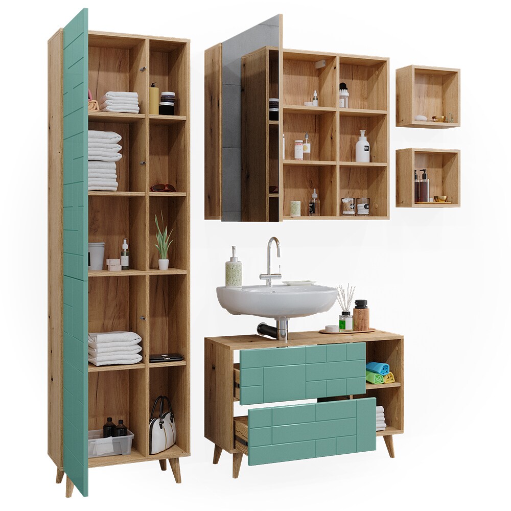 Vicco Badmöbel-Set Rudi in Eiche Evoke Mintgrün, Badezimmer, moderne Badserie Waschbeckenunterschrank Spiegelschrank Hochschrank Wandregal