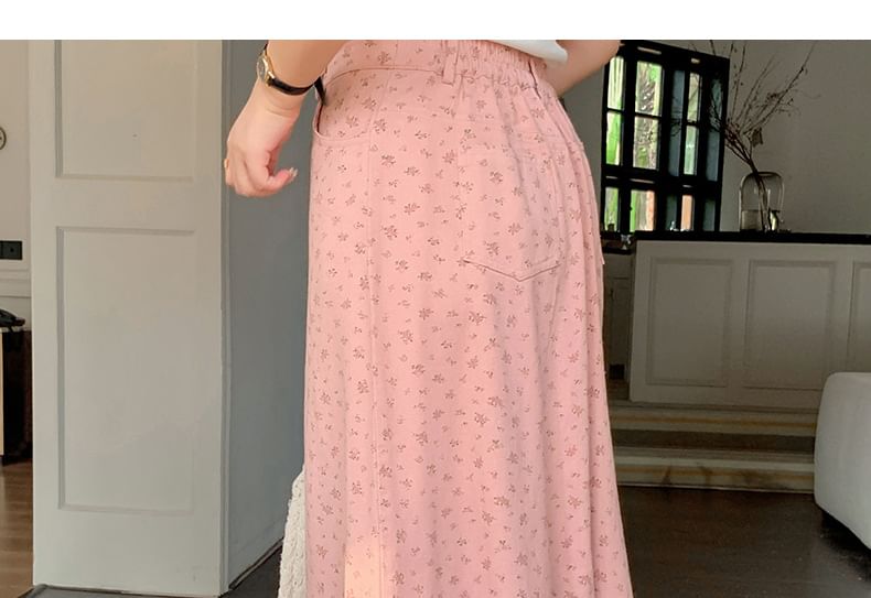 Krezol - Midi A-lijn denim rok met hoge taille en bloemenprint