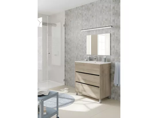 Meuble de salle de bain avec 3 portes coloris chêne cambian - Hauteur 88 x Longueur 81,5 x Profondeur 46,5 cm