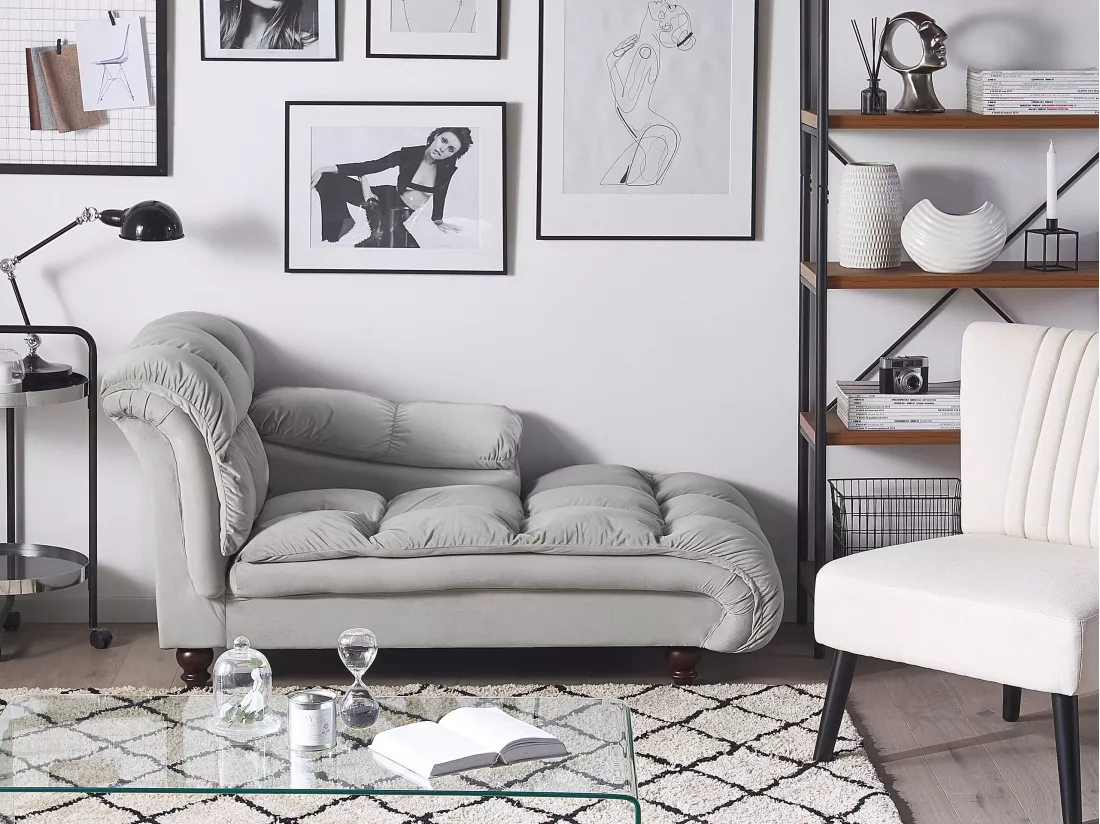 Chaise longue en velours gris clair LORMONT
