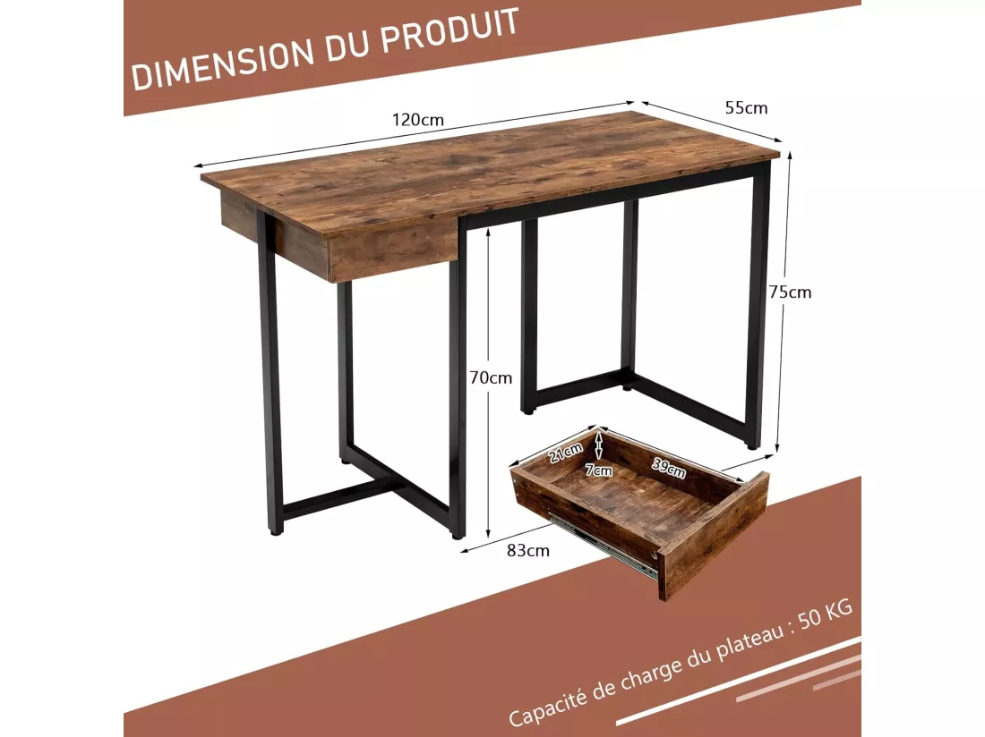 Bureau d'Ordinateur Industriel 120 x 55 cm, Table avec Tiroir, Design Élégant, Postes de Travail pour Bureau, Salon, Chambre, Facile à Assembler, 120 x 55 x 75 cm (Marron Rustique)