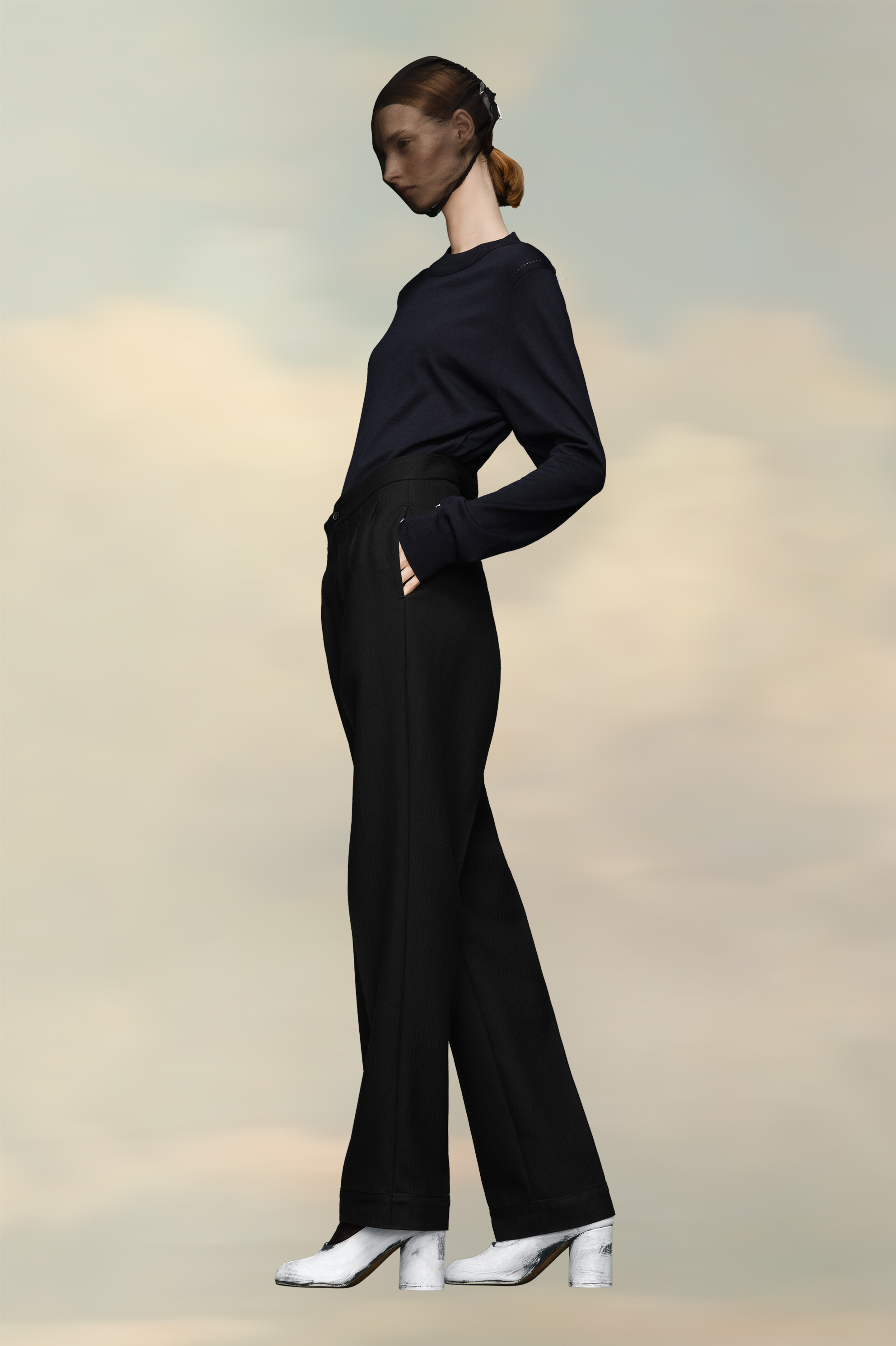 Pantalon plissé en laine à chevrons noir pour femme