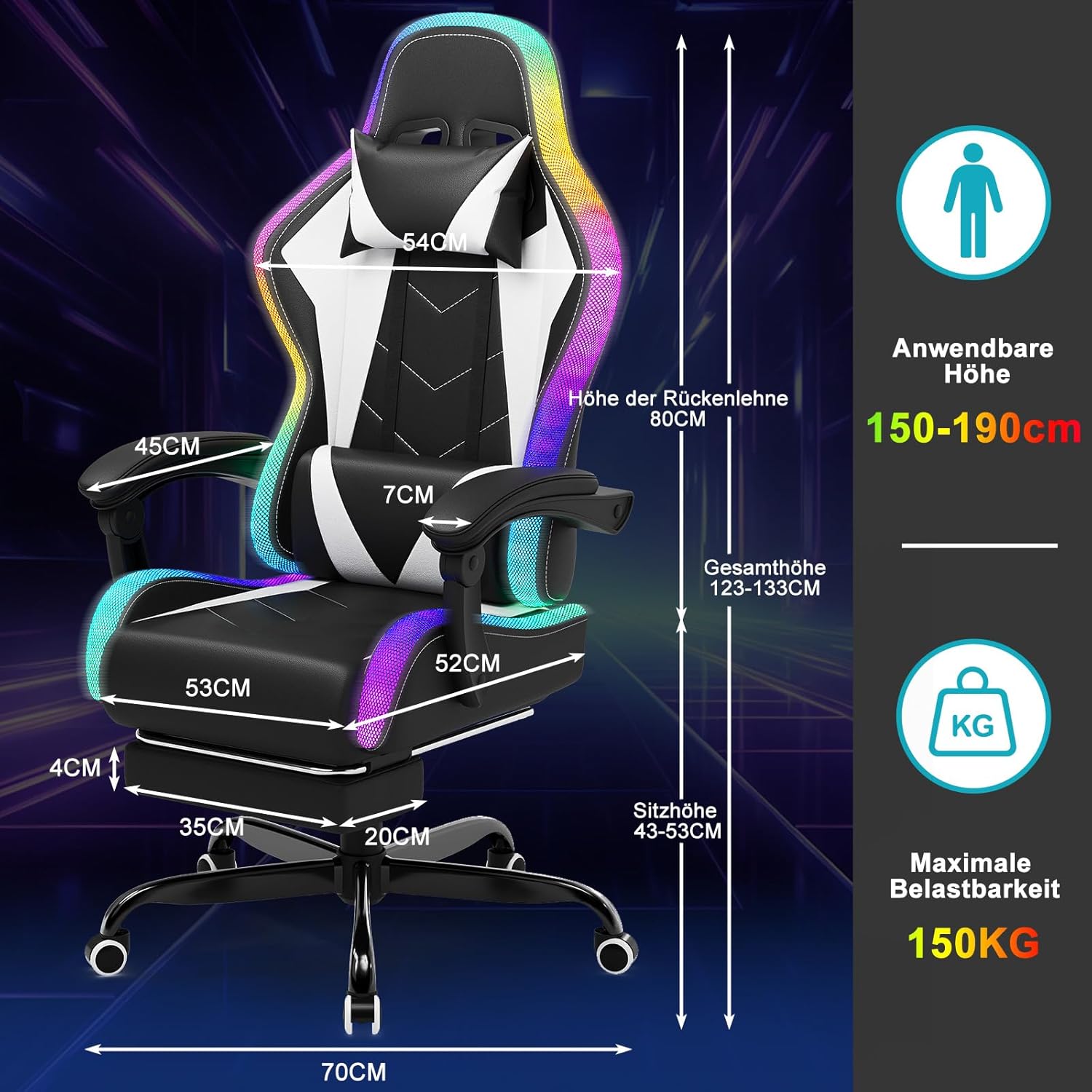 Devoko LED Gaming Stuhl, Cool und Augenschonendes. Ergonomischer Bürostuhl mit Massagefunktion, Teleskop-Fußstütze, Verstellbarem Rückenlehnen von 90-135°,Gamer Stuhl 150 kg belastbarkeit, Weiß